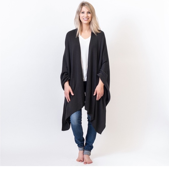 Zestt Jane Organic Cotton Travel Wrap Black Pockets One Size Shawl Kimono - Picture 1 of 9